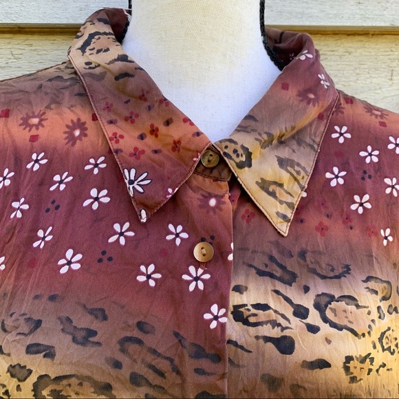 Vintage 90s Bob Mackie Silk Floral Leopard Print Button Down Long Sleeve Shirt - Picture 6 of 16